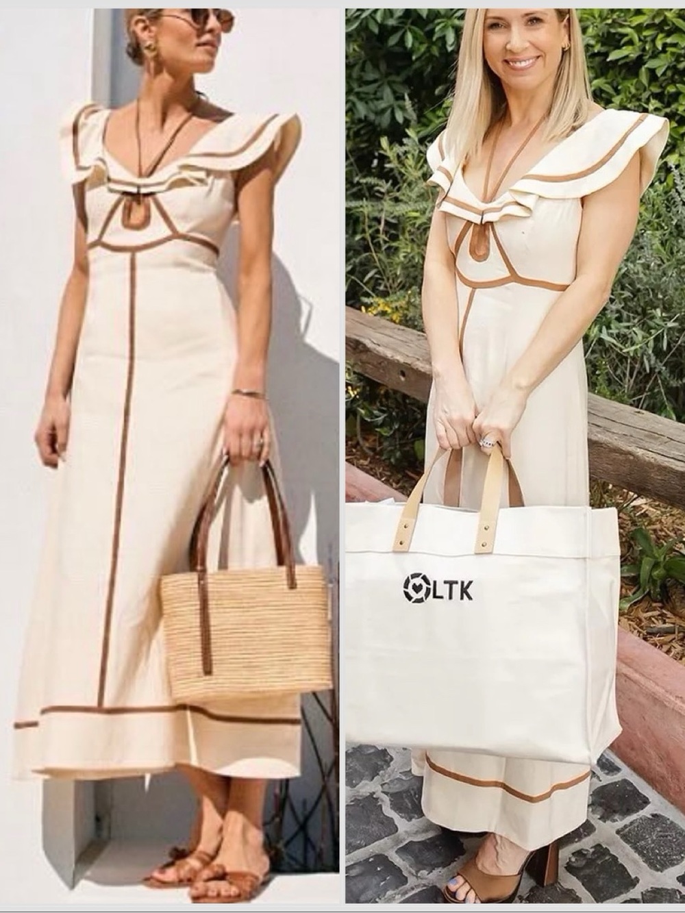 Antonio Melani x M.G. Style Kurry Flounce Dress ties beige cream brown maxi Sz 4